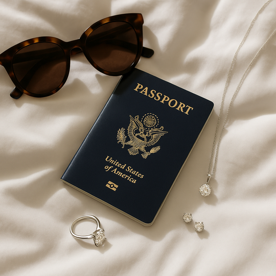 Moissanite ring, necklace, and stud style earrings with sunglasses and passport on hotel bed, ideal for travel ready jewelry.