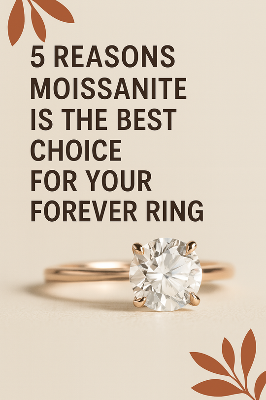 Moissanite solitaire engagement ring in 14k rose gold setting resting on neutral background