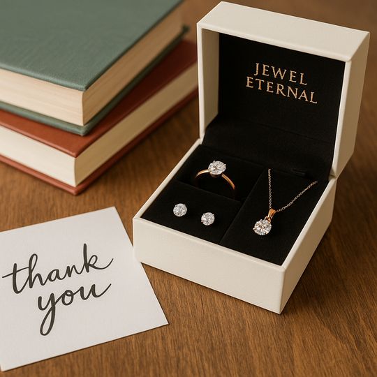 Jewel Eternal Moissanite jewelry gift box with solitaire ring, pendant, and studs styled beside school books and handwritten thank-you note