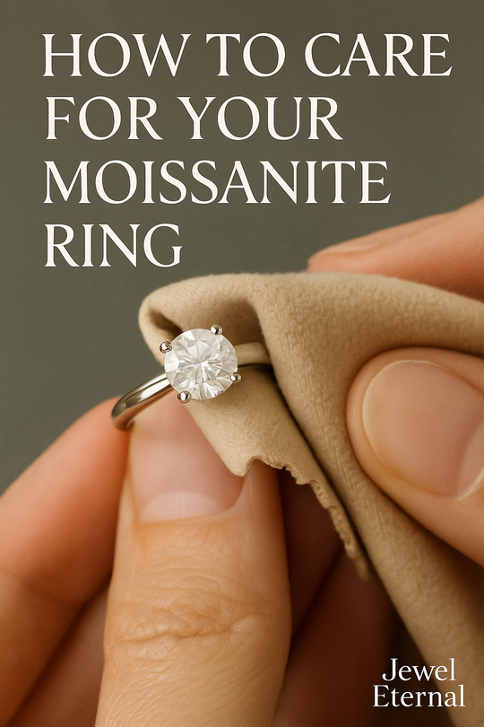 Hand polishing a Moissanite solitaire ring with a soft cloth, featured in Jewel Eternal’s blog “How to Care for Your Moissanite Ring”