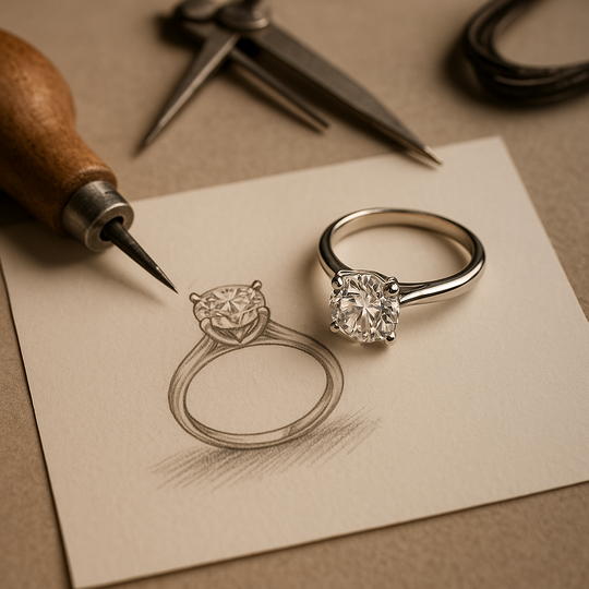 Sketch and finished Moissanite solitaire engagement ring side by side with jeweler’s tools and soft lighting