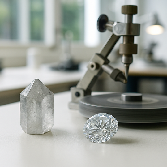 Moissanite crystal being cut and polished in a bright lab, showing gemstone stages from raw to finished