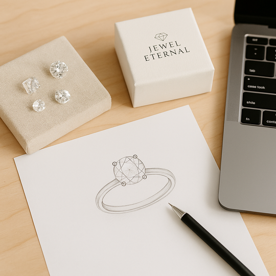 Moissanite ring sketch beside round, oval, cushion, and princess cut gemstone samples and laptop, styled as a relaxed custom design workspace.