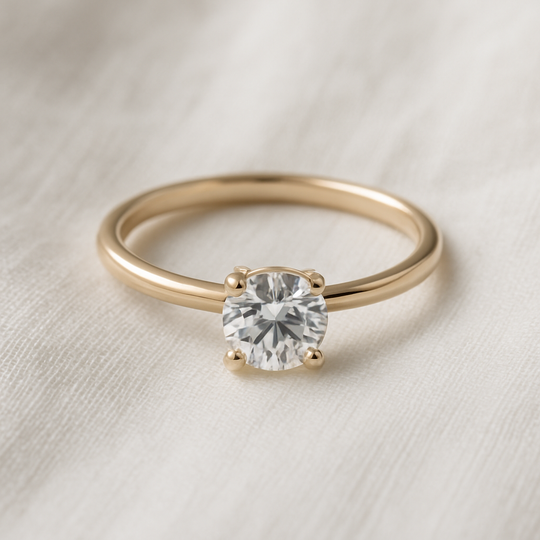 Minimalist 14k gold Moissanite solitaire ring on a soft linen backdrop with clean lines and natural light