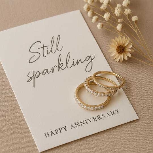 A Moissanite 14 yellow gold eternity band and stacking rings styled with a handwritten anniversary card and dried florals