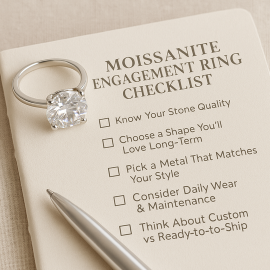 A Moissanite engagement ring with checklist and pen on a linen notepad — styled for planning and proposal