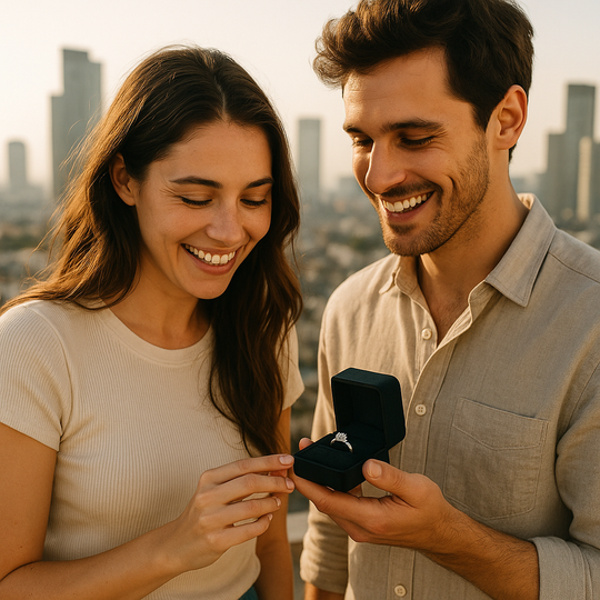 Young couple smiling and looking at Moissanite engagement ring box with city view behind them