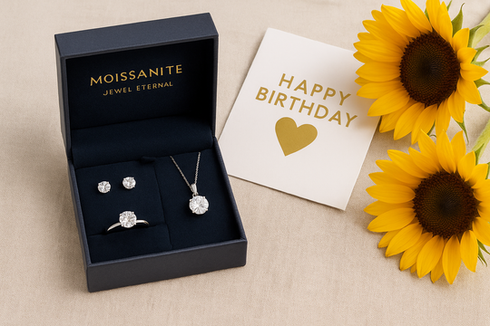 Moissanite Jewel Eternal  jewelry gift box with stud earrings, solitaire pendant with chain, and solitaire engagement ring styled beside a birthday card and sunflowers