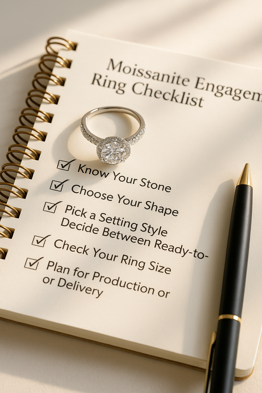 Haol moissanite engagement ring with pave sides on notepad with pen, checklist items, and soft sunlight