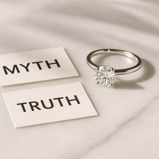Moissanite solitaire engagement ring on a marble surface next to myth vs truth note cards and soft shadows