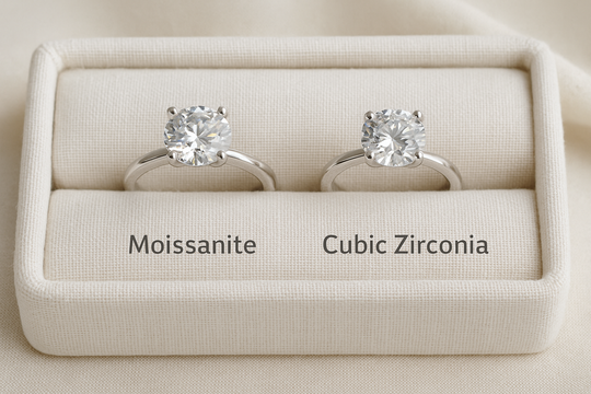 Side by side close up of Moissanite and Cubic Zirconia engagement rings on a white linen tray