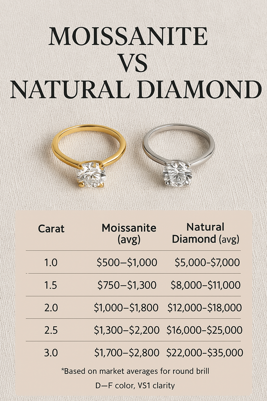 Moissanite and natural diamond solitaire rings side by side with labeled carat price chart on a linen background