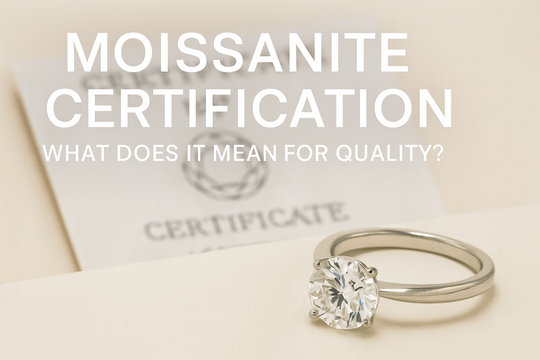 Moissanite solitaire ring beside authenticity certification document, featured in Jewel Eternal’s blog “Moissanite Certification: What Does It Mean for Quality?”