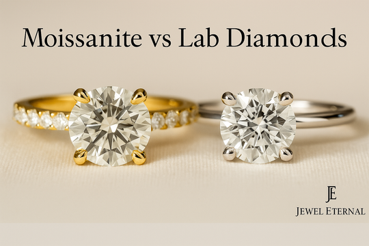 Side by side comparison of Moissanite and lab grown diamond solitaire engagement rings, featured in Jewel Eternal’s blog “Moissanite vs Lab Diamonds: What’s the Difference?”