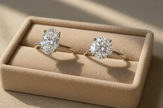 Oval and round Moissanite solitaire rings side by side on a velvet jewelry tray with natural light and soft shadows