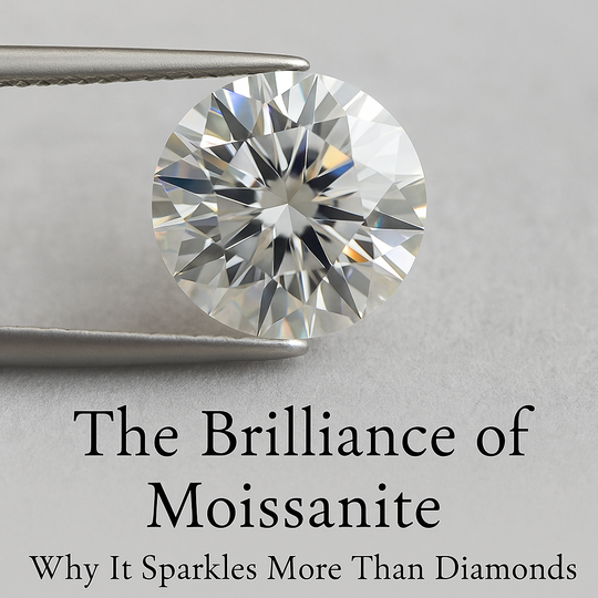Close-up of round brilliant Moissanite gemstone held by tweezers, featured in Jewel Eternal’s blog “The Brilliance of Moissanite: Why It Sparkles More Than Diamonds”
