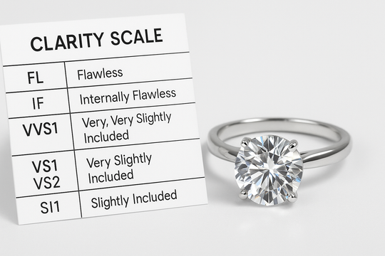 A labeled clarity scale next to a sparkling VVS1 Moissanite solitaire 14k white gold engagement ring under bright studio lighting