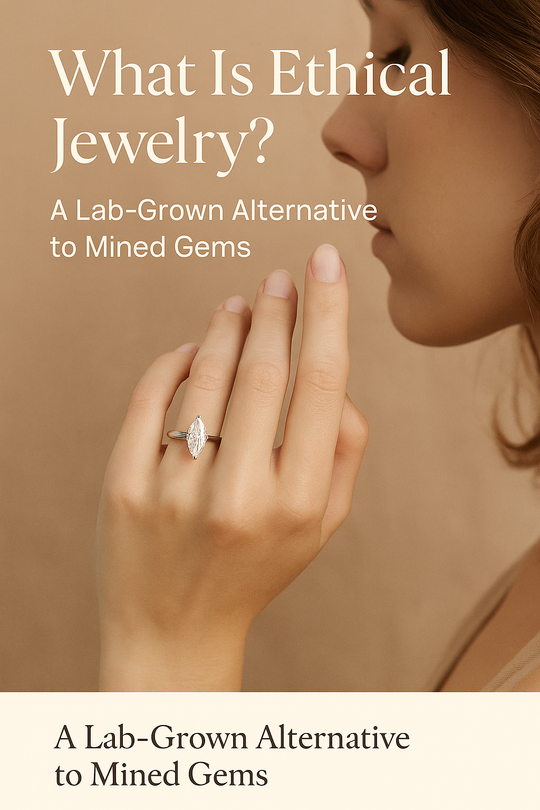 Moissanite ring displayed on textured background with the words ‘What Is Ethical Jewelry?’ highlighting lab-grown gemstone alternatives to mined diamonds.”