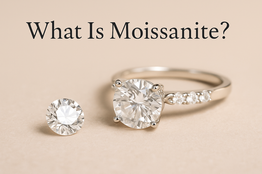 Round Moissanite solitaire ring and loose gemstone on beige background, featured in Jewel Eternal’s blog “What Is Moissanite?”