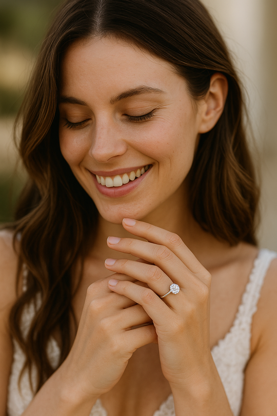 Modern bride admiring a Moissanite engagement ring in natural light, smiling with hands near face