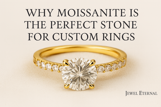 Close-up of Moissanite solitaire ring with gold band, featured in Jewel Eternal’s blog “Why Moissanite Is the Perfect Stone for Custom Rings”