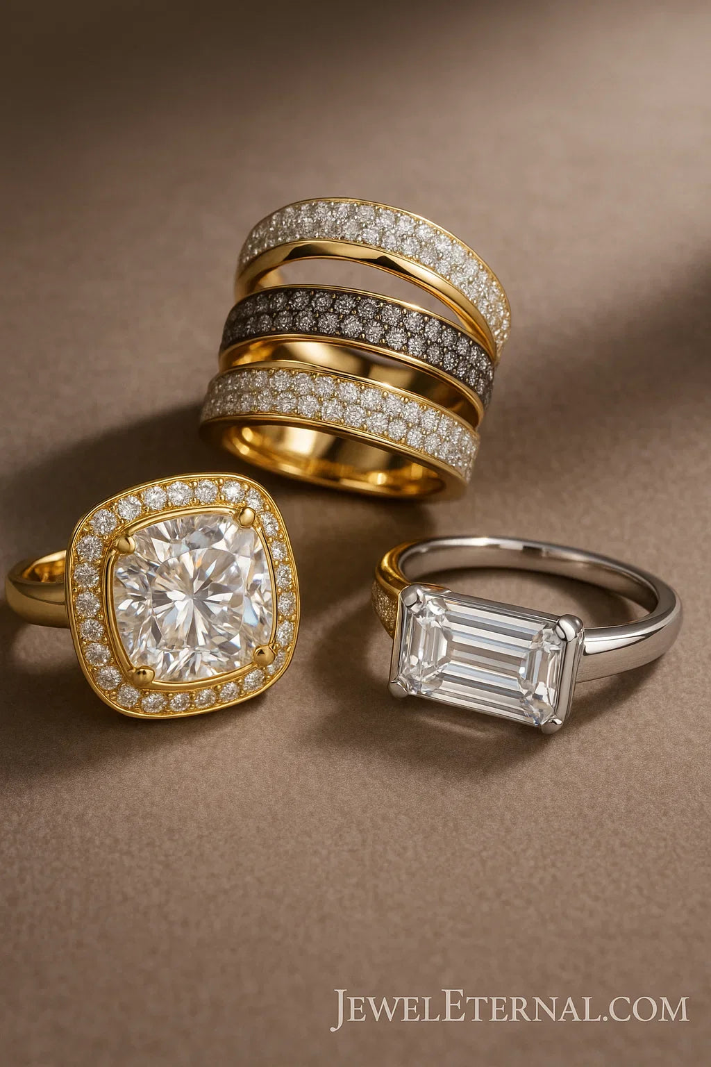 Bold moissanite halo engagement ring with cushion-cut center, stacked pavé bands in yellow and white gold, and an east-west emerald cut ring on a soft brown backdrop.