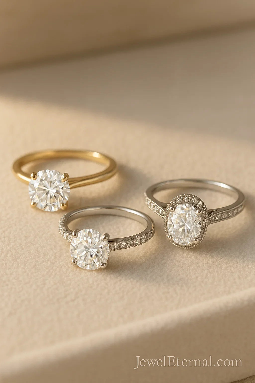 Three classic moissanite engagement rings in yellow gold and white gold, displayed on a soft neutral surface with round-cut and halo settings.