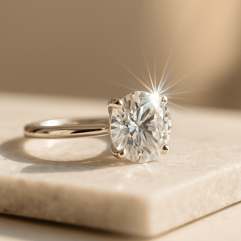 Moissanite solitaire in warm light on a pale stone surface