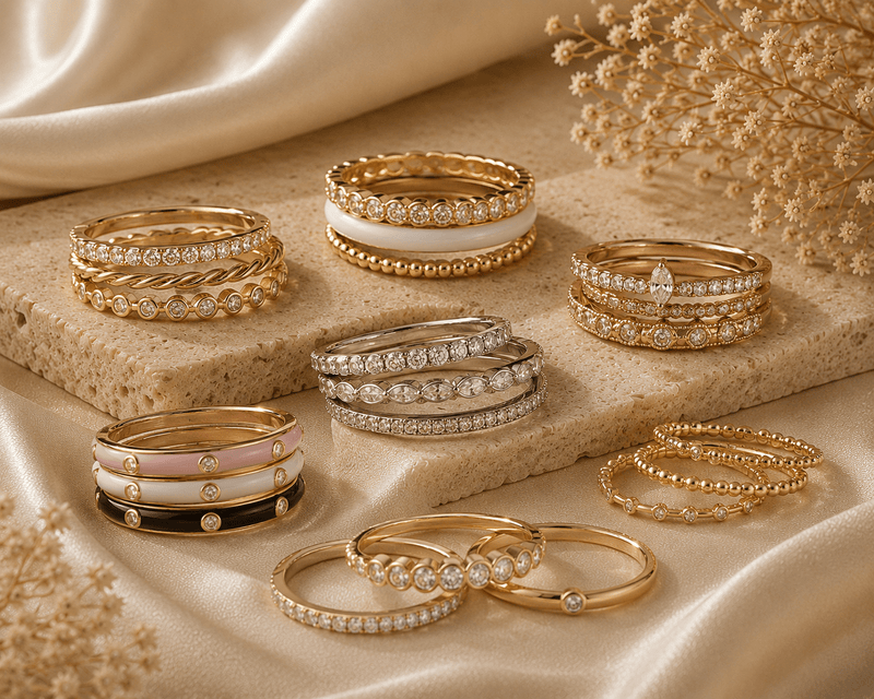 Groups of slim stacking rings in several band styles