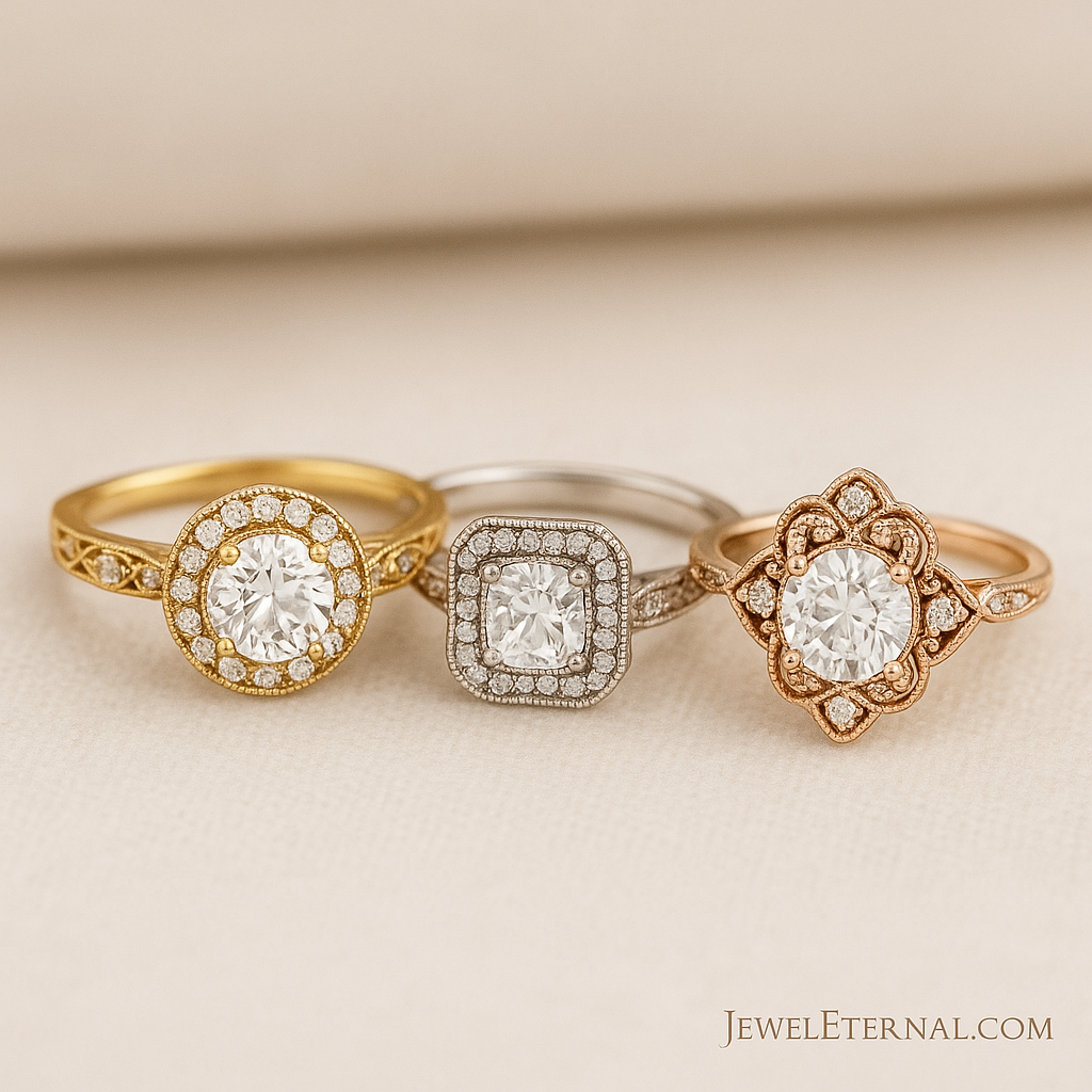 Three vintage-inspired moissanite engagement rings with milgrain, filigree, and halo details in white, yellow, and rose gold, displayed on a soft neutral background.
