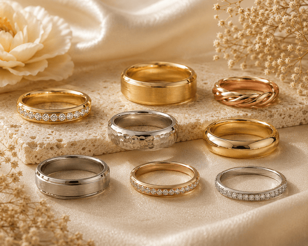 Wedding bands with polished, textured and stone-set finishes