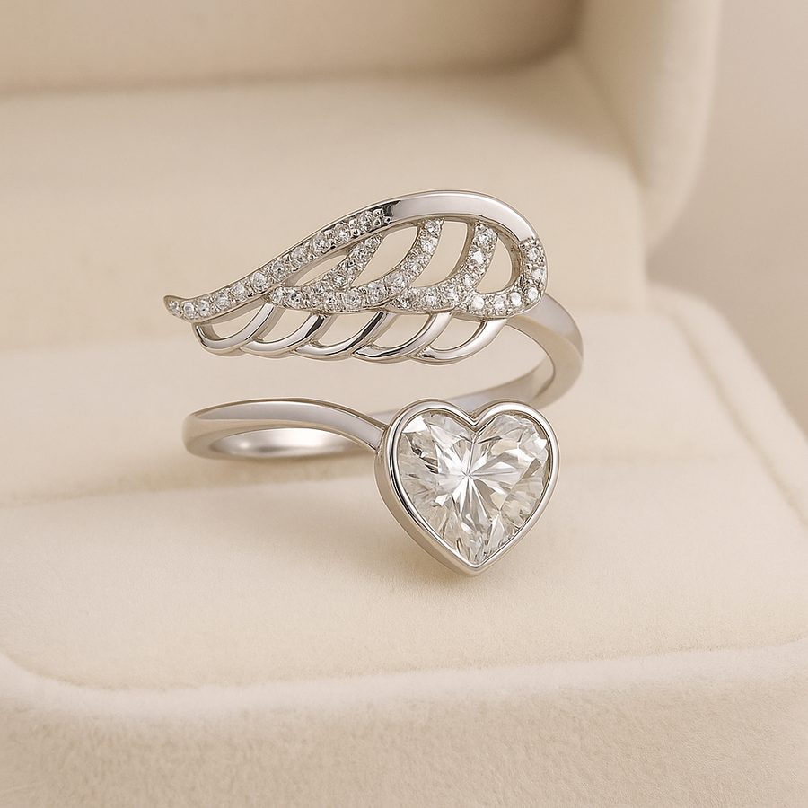 Angel’s Heart – 1.5 ct Heart Shaped Moissanite Wing Ring in Solid Gold or Platinum