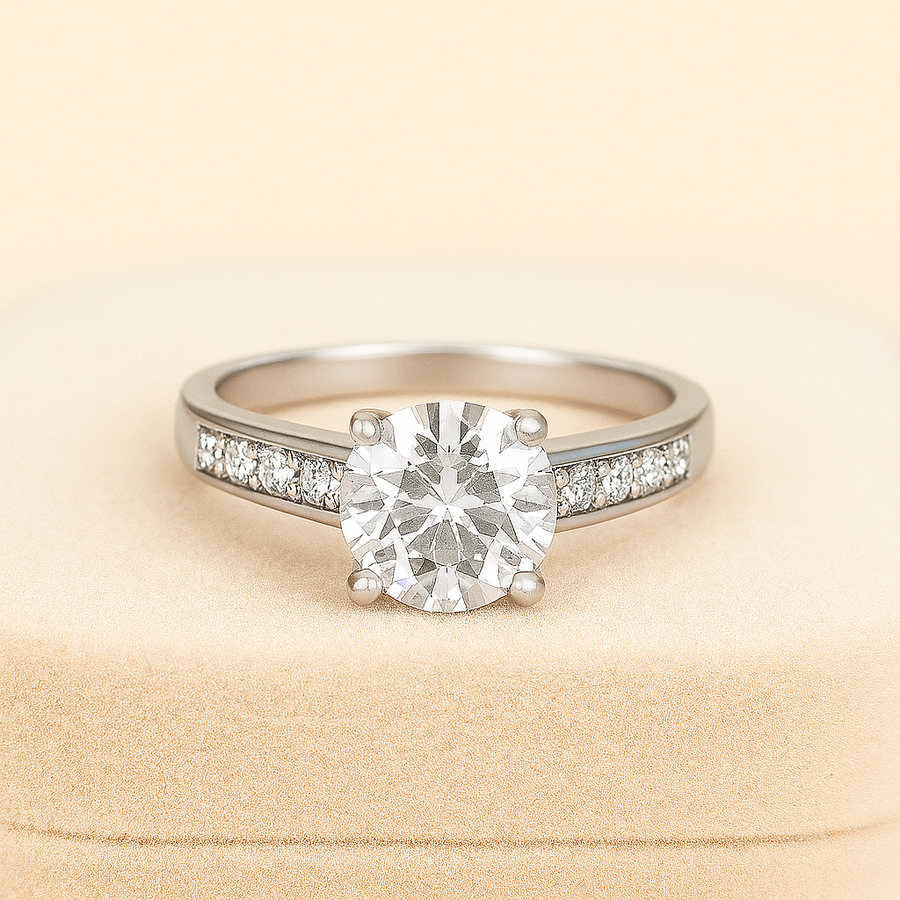 Galaxy Classic – 1.5 ct Moissanite Ring with Side Accents in Sterling, Gold or Platinum