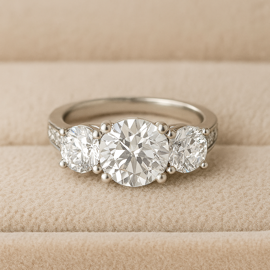 Hidden Dreams – 3.5 tcw Moissanite Three-Stone Ring with Channel Pavé in Sterling, Gold or Platinum