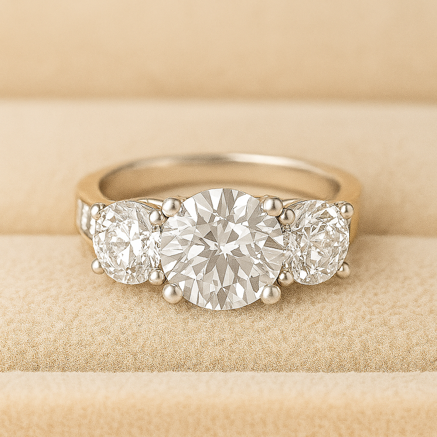 Hidden Dreams – 3.5 tcw Moissanite Three-Stone Ring with Channel Pavé in Sterling, Gold or Platinum
