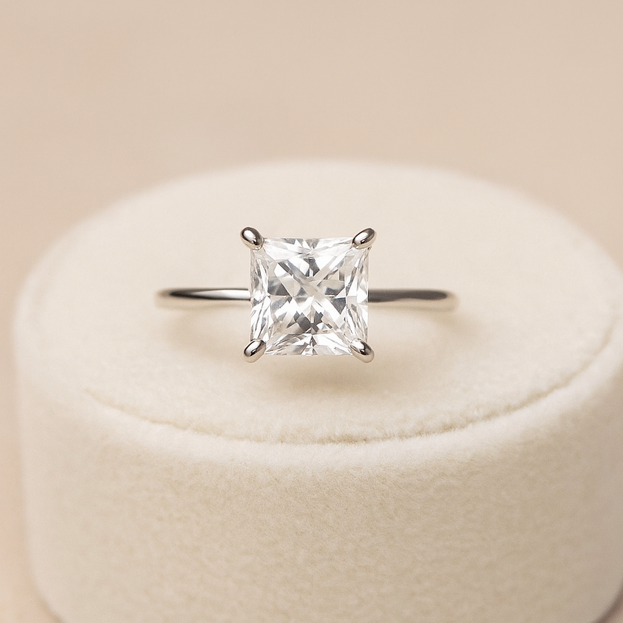 Modern Princess – 2 ct Princess Cut Moissanite Solitaire Ring in Sterling, Gold or Platinum