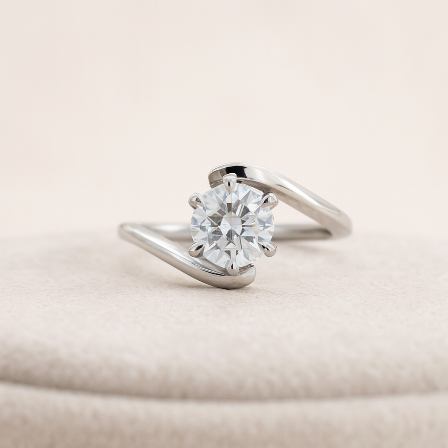 Grand Twist – Round Moissanite Solitaire Ring with Twisted Band in Sterling, Gold or Platinum, 1.5ct, 2ct, or 3ct