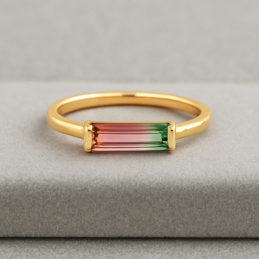 Bi-color Watermelon Tourmaline Bar Ring