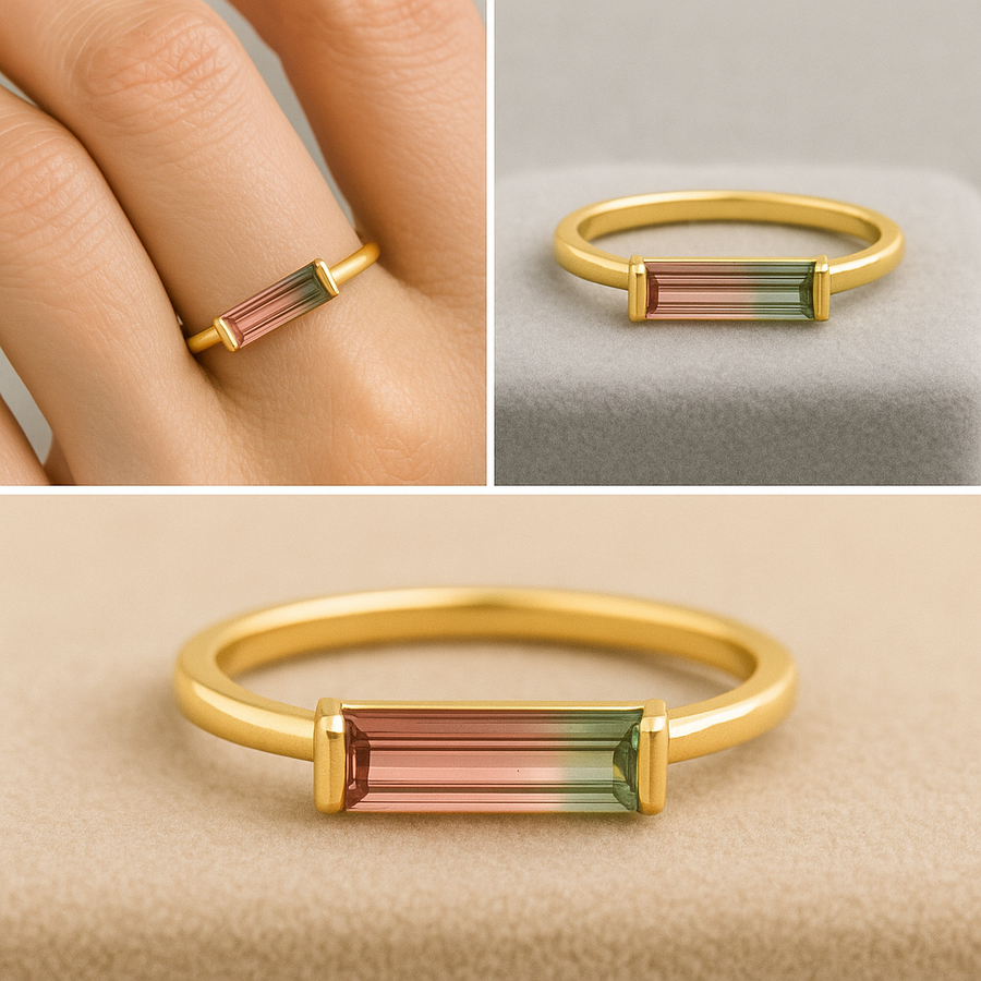 Bi-color Watermelon Tourmaline Bar Ring
