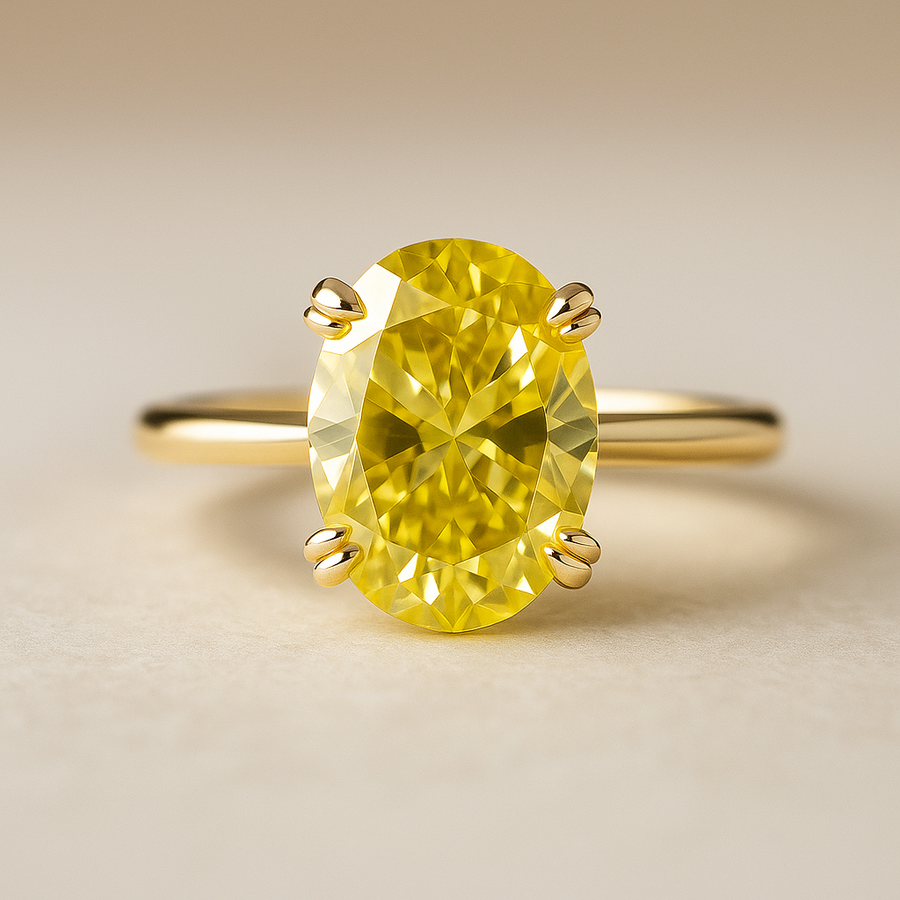 Daily Sunshine – 5 ct Vivid Yellow Oval Moissanite Ring in Solid Gold or Platinum