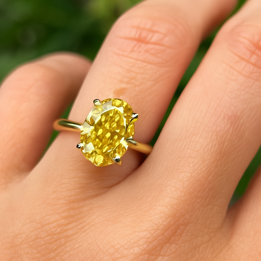 Daily Sunshine – 5 ct Vivid Yellow Oval Moissanite Ring in Solid Gold or Platinum