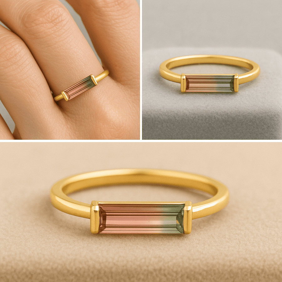 Bi - color Watermelon Tourmaline Bar Ring - Jewel Eternal