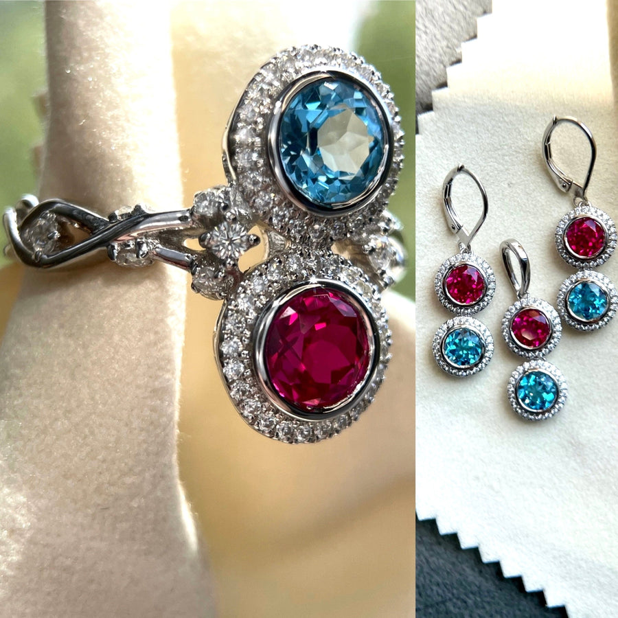 Double BirthStone 3 Piece Set - Ring, Pendant Necklace, Earring - Jewel Eternal