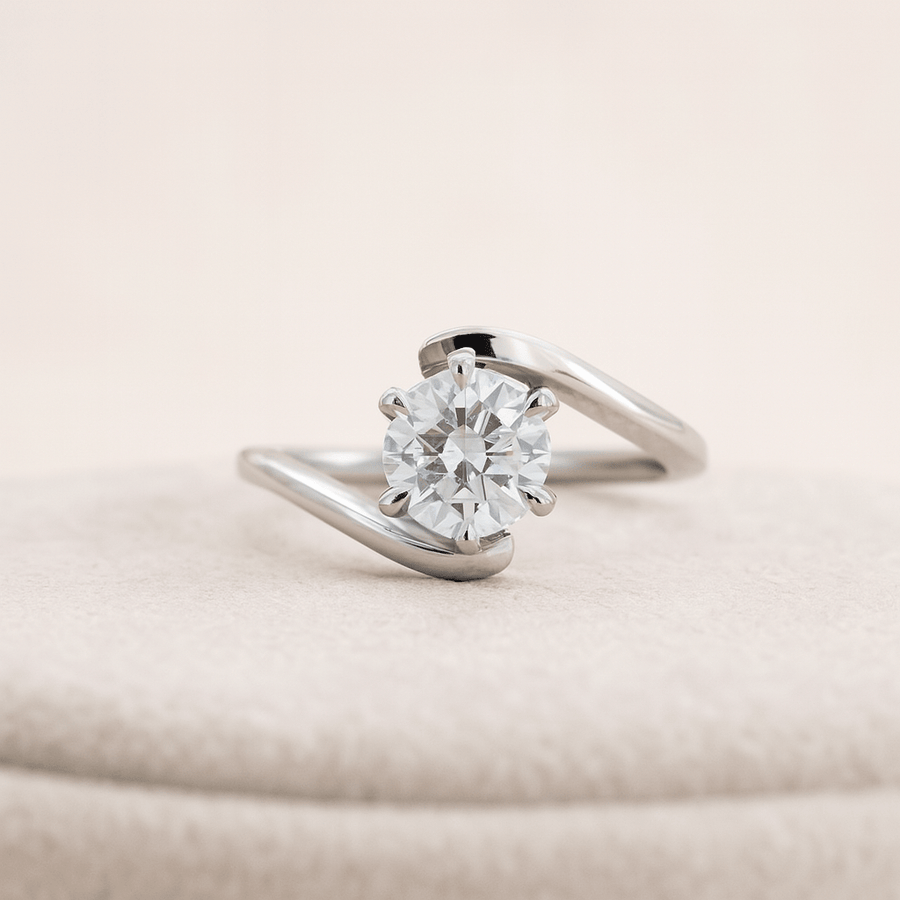 Grand Twist – Round Moissanite Solitaire Ring with Twisted Band in Sterling, Gold or Platinum, 1.5ct, 2ct, or 3ct - Jewel Eternal