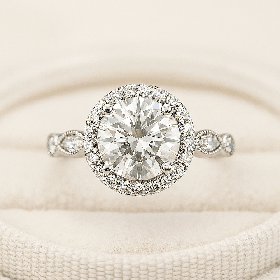 Halo with Art Deco Band – 3 ct Moissanite Halo Ring with Marquise and Round Accents in Sterling, Gold or Platinum - Jewel Eternal