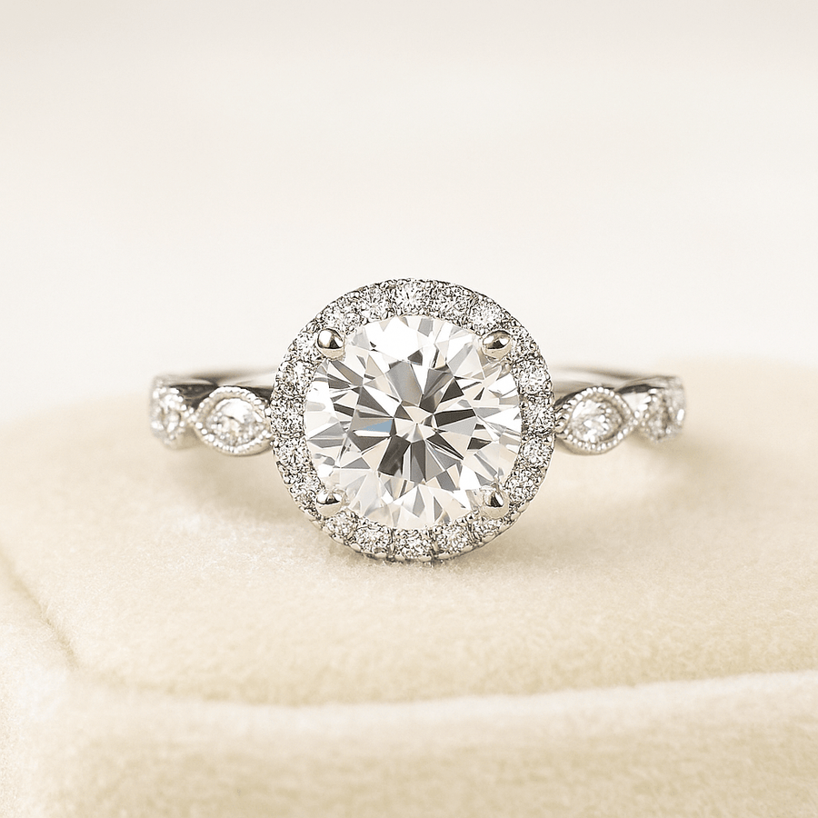 Halo with Art Deco Band – 3 ct Moissanite Halo Ring with Marquise and Round Accents in Sterling, Gold or Platinum - Jewel Eternal