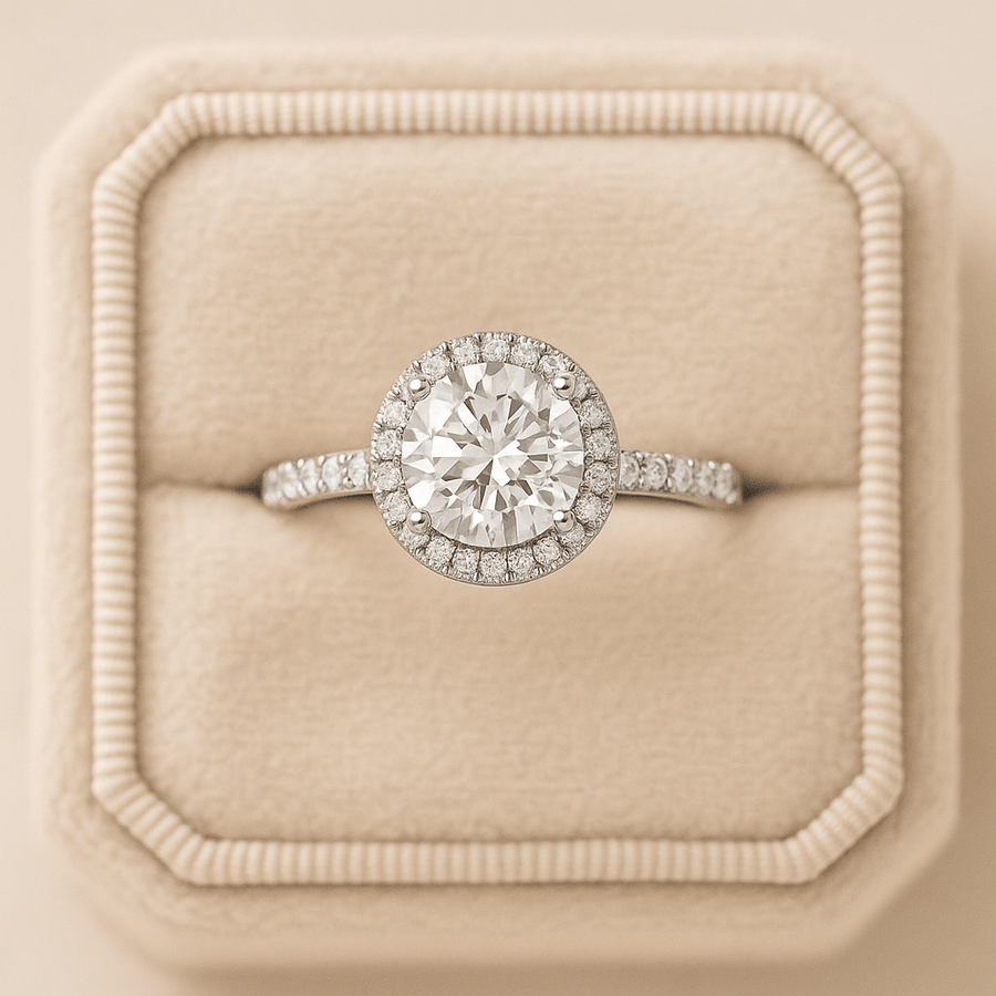 Halo with Pavé Band – 3 ct Round Moissanite Halo Ring in Sterling, Gold or Platinum - Jewel Eternal