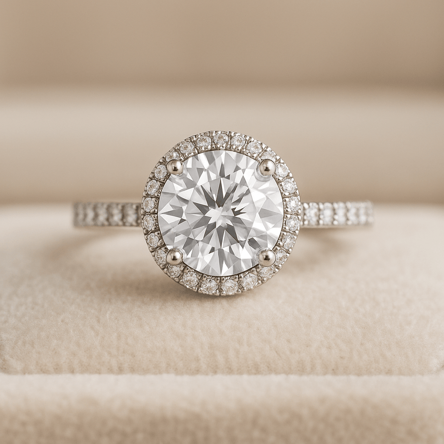 Halo with Pavé Band – 3 ct Round Moissanite Halo Ring in Sterling, Gold or Platinum - Jewel Eternal