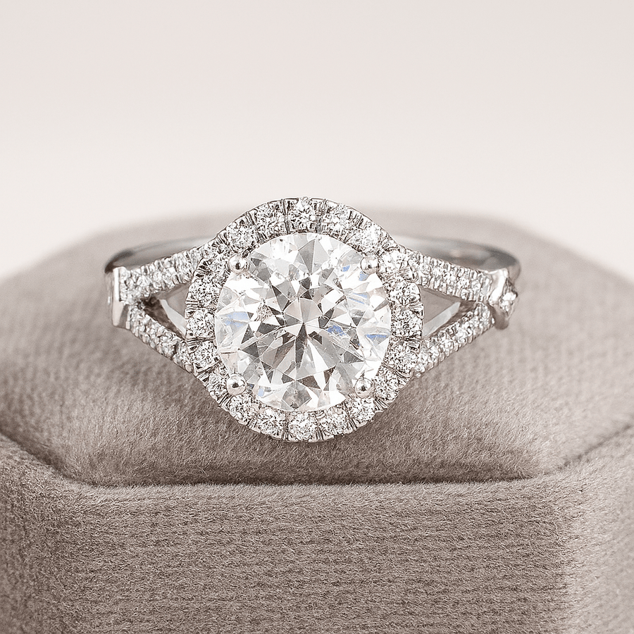 Heavenly Split – 1.5 ct Moissanite Halo Ring with Split Pavé Band in Sterling, Gold or Platinum - Jewel Eternal