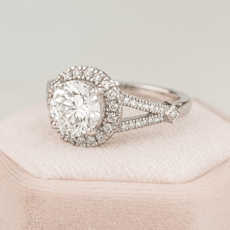 Heavenly Split – 1.5 ct Moissanite Halo Ring with Split Pavé Band in Sterling, Gold or Platinum - Jewel Eternal